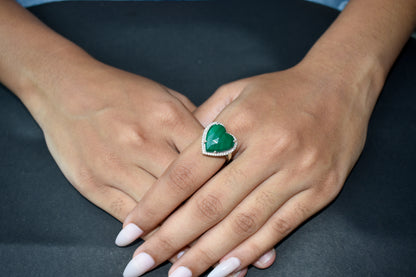 Heart-cut malachite ring in 925 silver with cubic zirconia halo