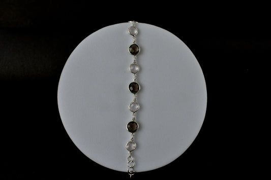 Rose quartz and smoky quartz bracelet with bezel-set stones in 925 silver