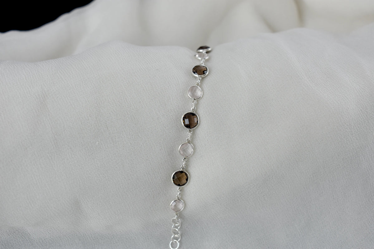 Rose quartz and smoky quartz bracelet with bezel-set stones in 925 silver