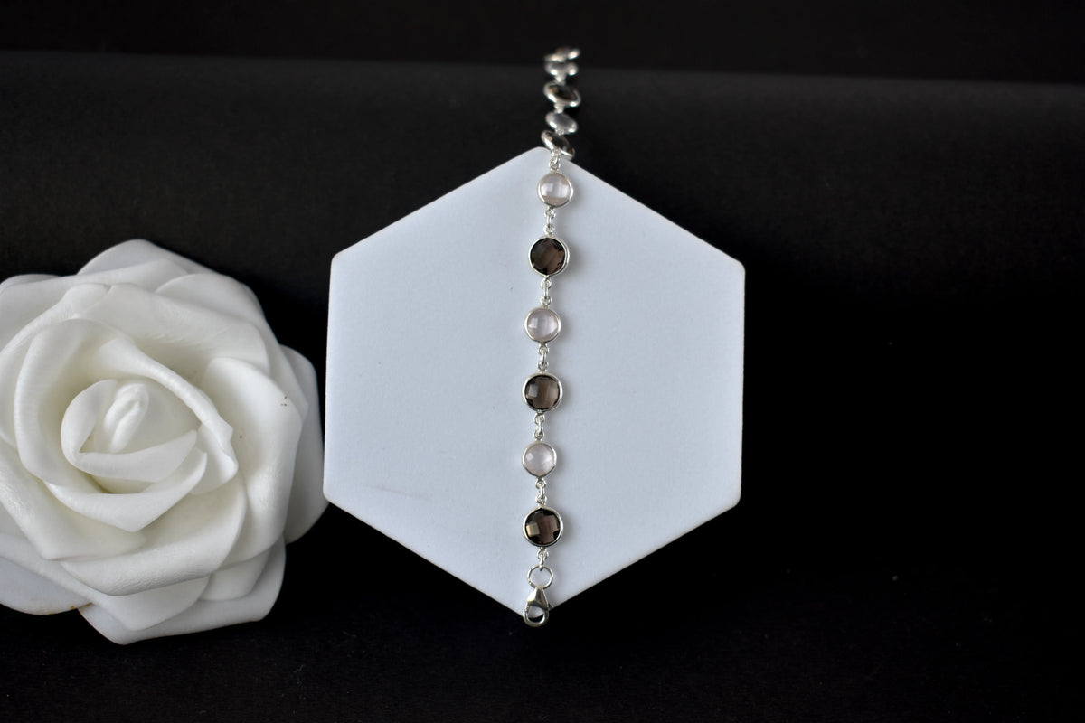Rose quartz and smoky quartz bracelet with bezel-set stones in 925 silver