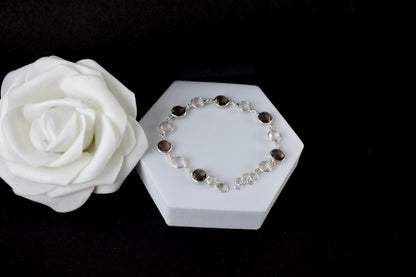 Rose quartz and smoky quartz bracelet with bezel-set stones in 925 silver