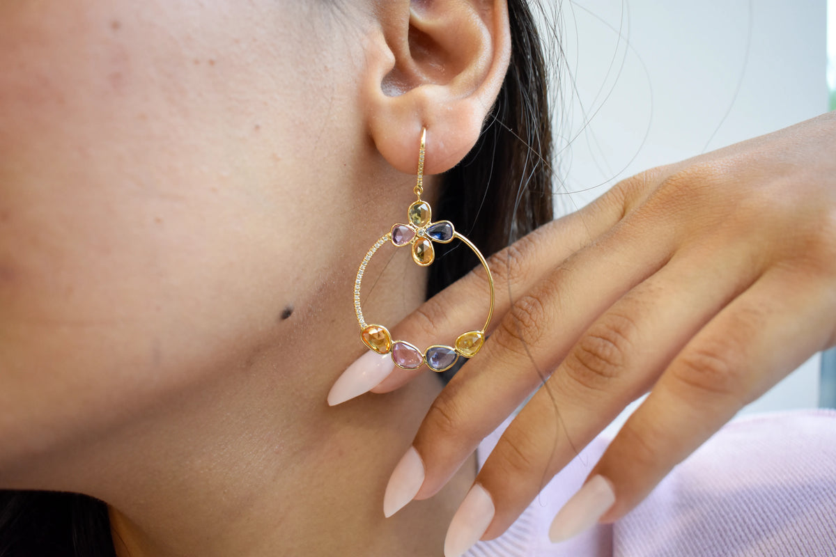 18K gold hoop earrings with sapphire, citrine and diamond flower