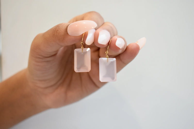Emerald-Cut Rose Quartz Drop Earrings in 18K Gold