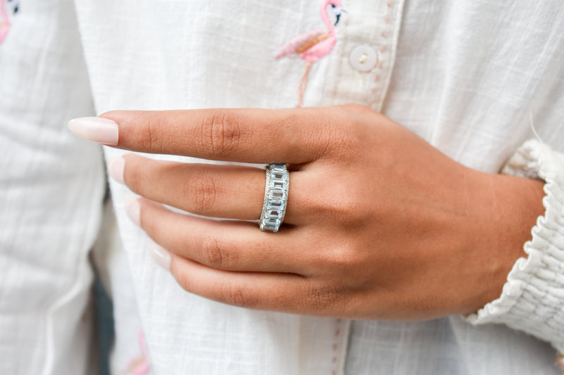 Sky Blue Topaz Eternity Ring in 925 Silver – Handmade Emerald Cut Statement Band