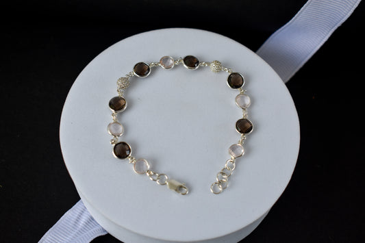 Smoky quartz and rose quartz bracelet with pave cubic zirconia accents in 925 silver