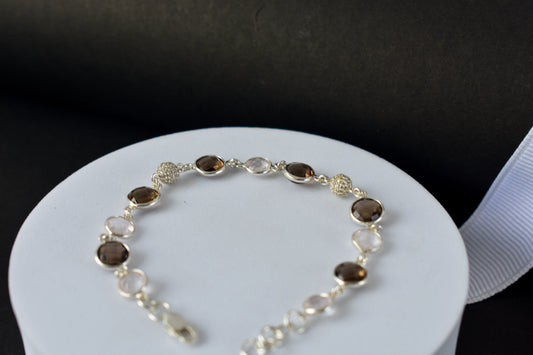Smoky quartz and rose quartz bracelet with pave cubic zirconia accents in 925 silver