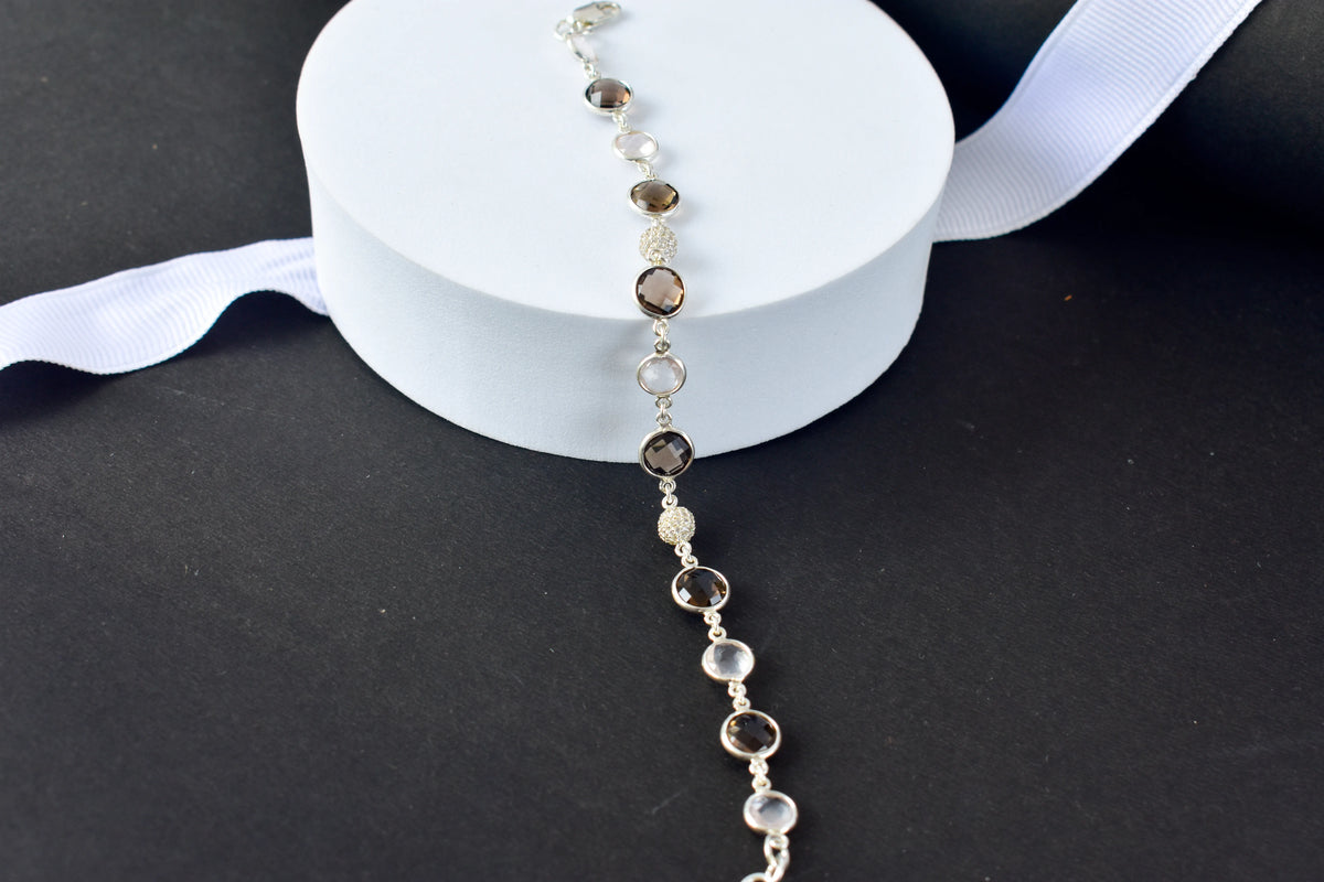 Smoky quartz and rose quartz bracelet with pave cubic zirconia accents in 925 silver