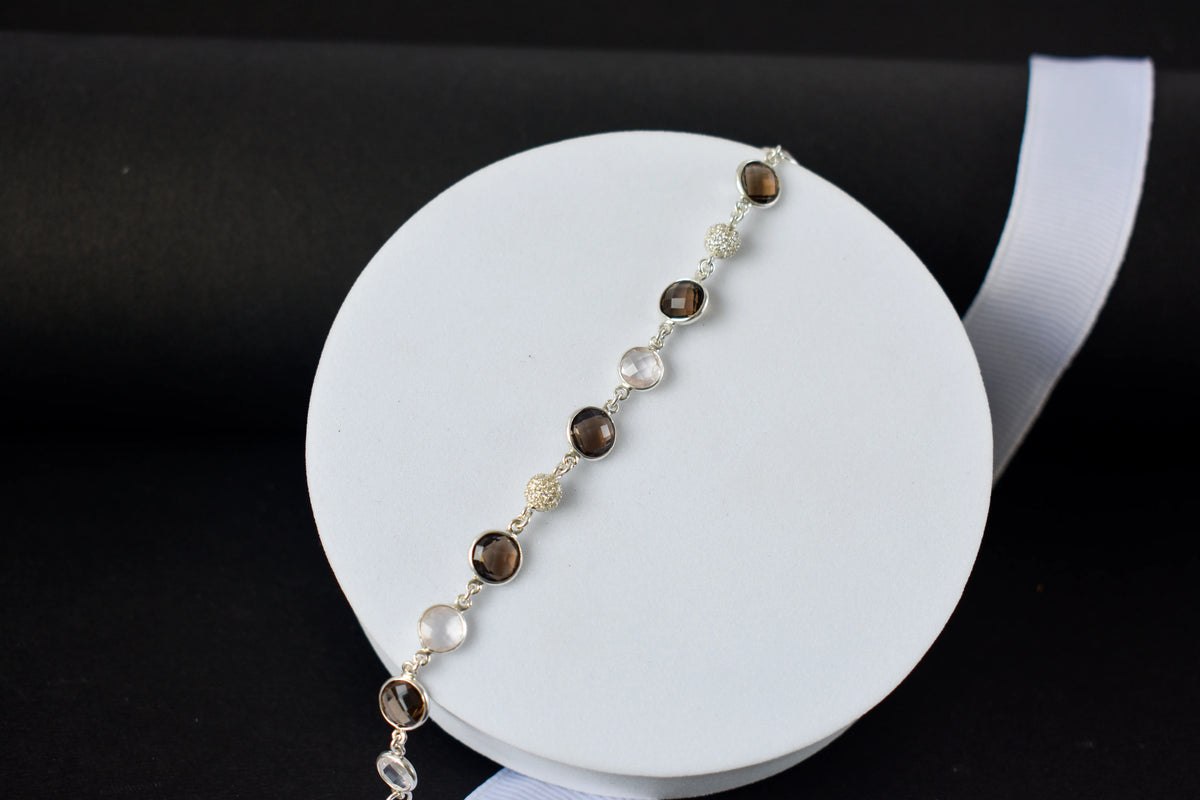 Smoky quartz and rose quartz bracelet with pave cubic zirconia accents in 925 silver