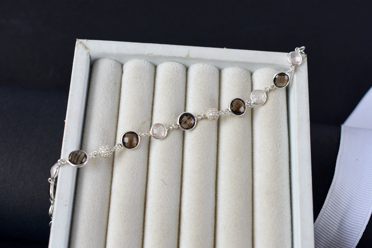 Smoky quartz and rose quartz bracelet with pave cubic zirconia accents in 925 silver