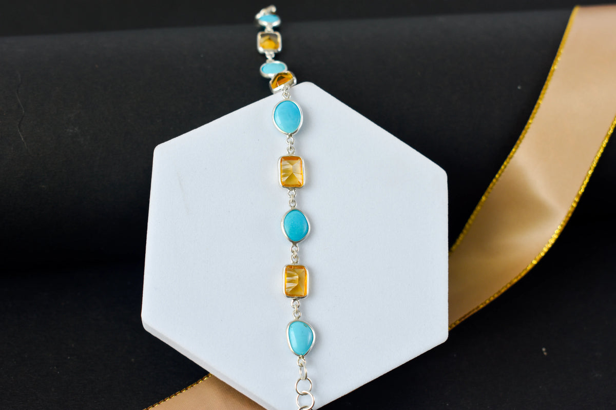 Citrine and turquoise bracelet with bezel-set stones in 925 silver