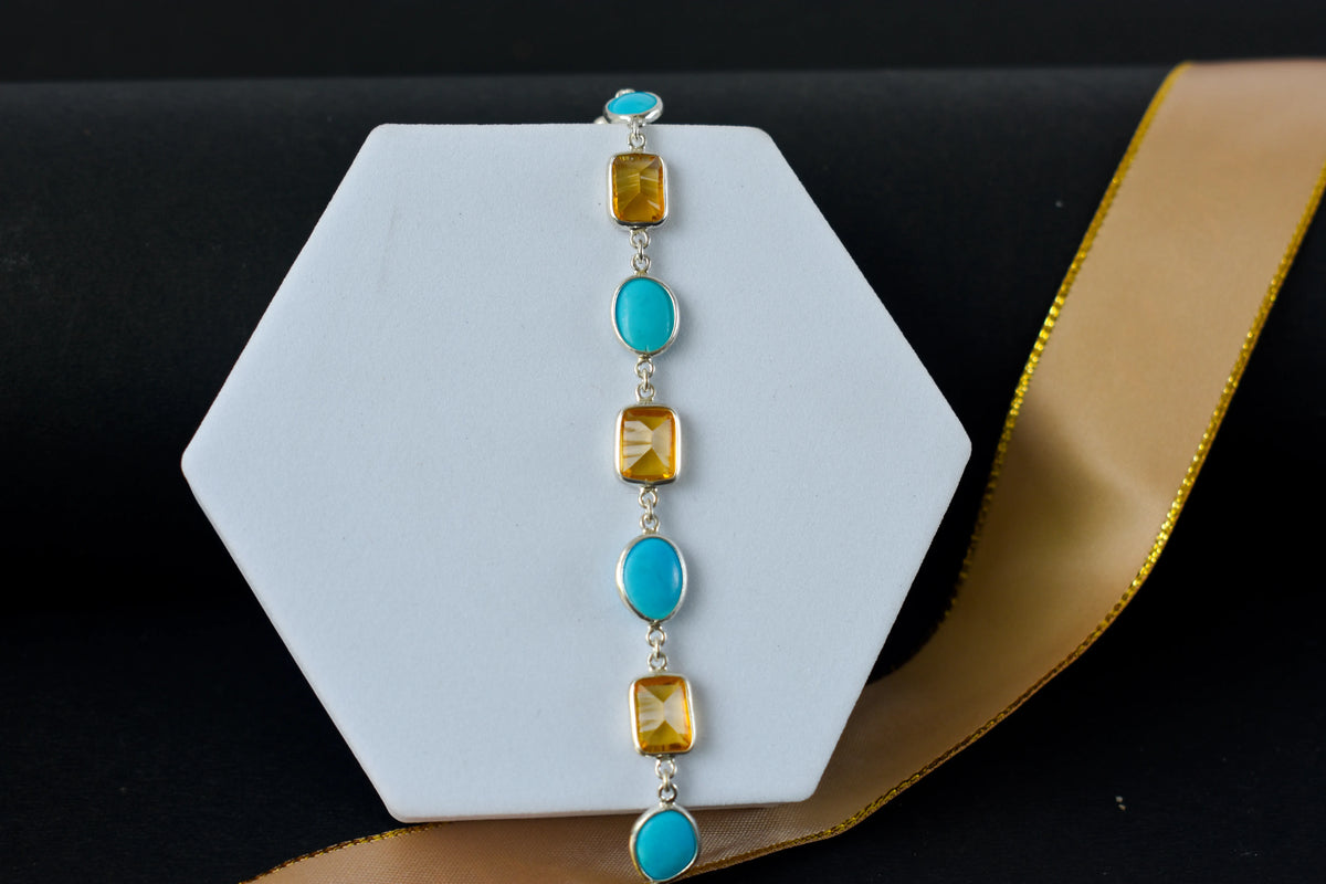 Citrine and turquoise bracelet with bezel-set stones in 925 silver