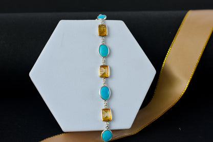 Citrine and turquoise bracelet with bezel-set stones in 925 silver