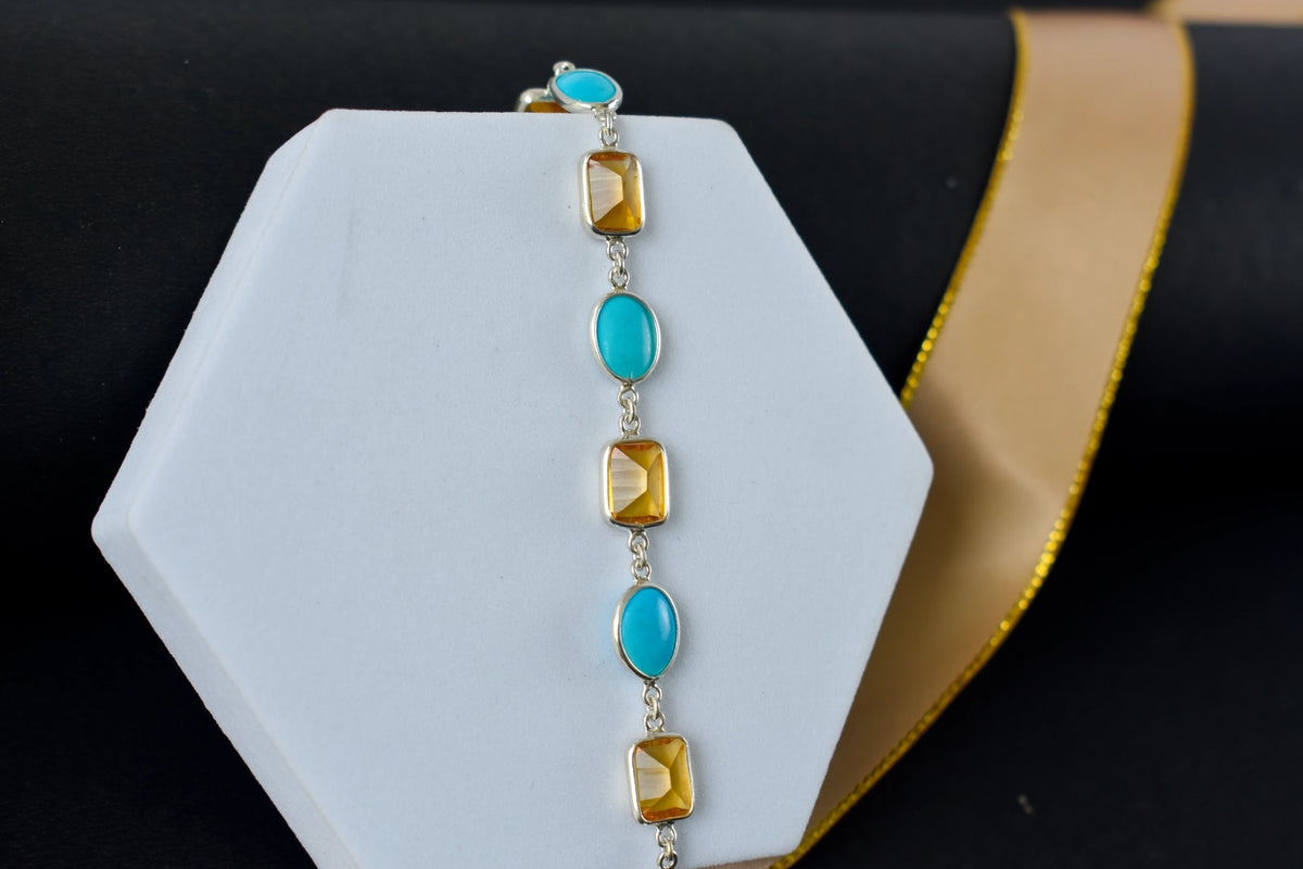 Citrine and turquoise bracelet with bezel-set stones in 925 silver