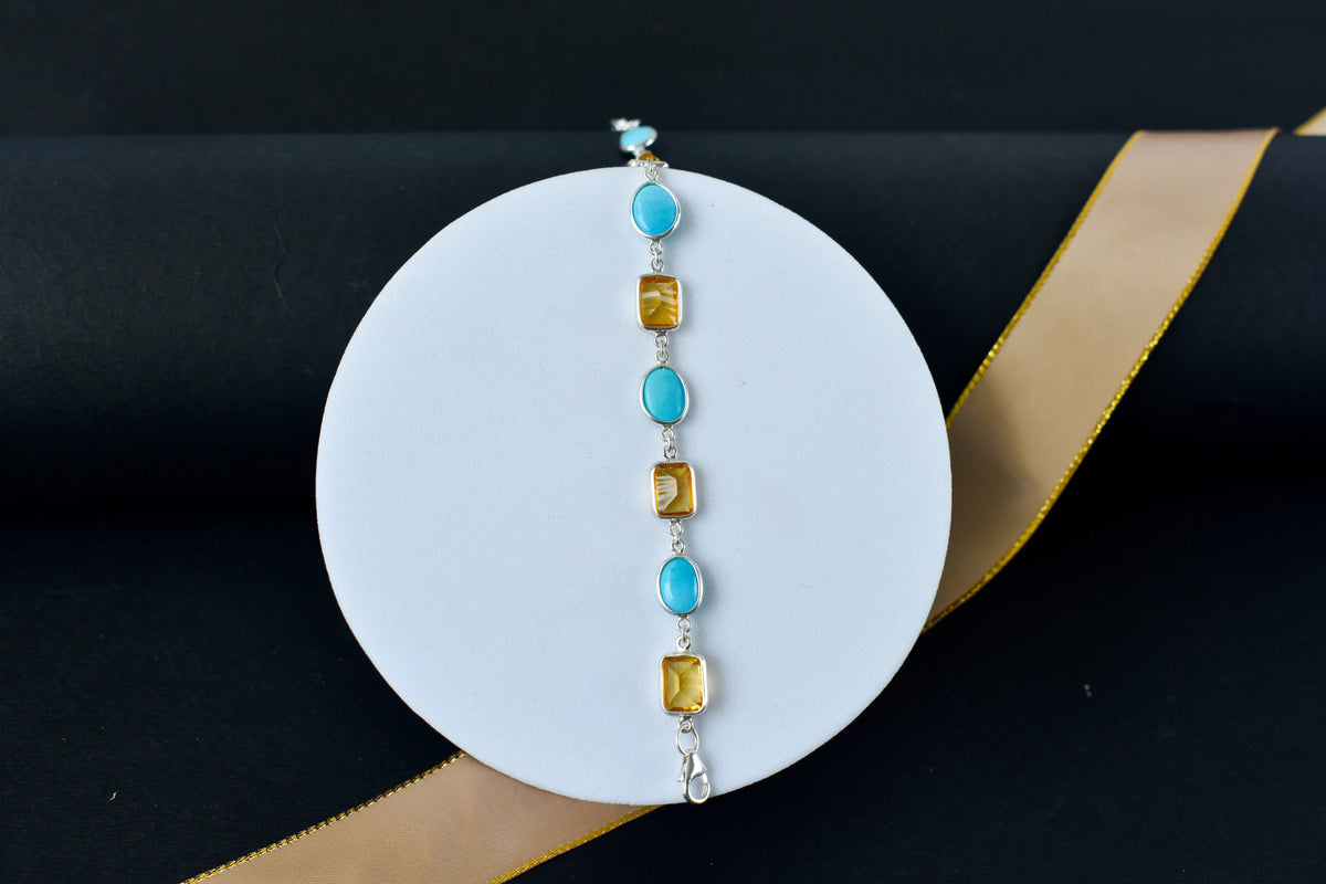 Citrine and turquoise bracelet with bezel-set stones in 925 silver