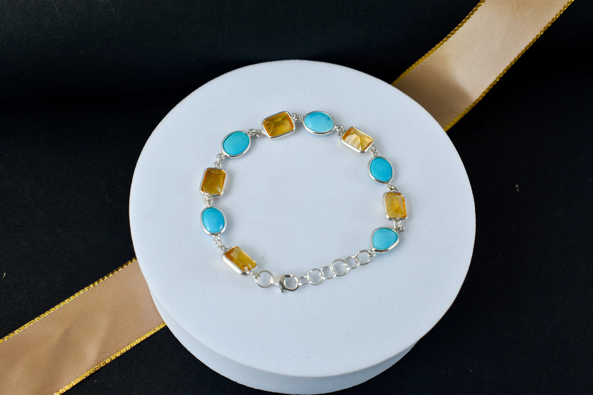 Citrine and turquoise bracelet with bezel-set stones in 925 silver