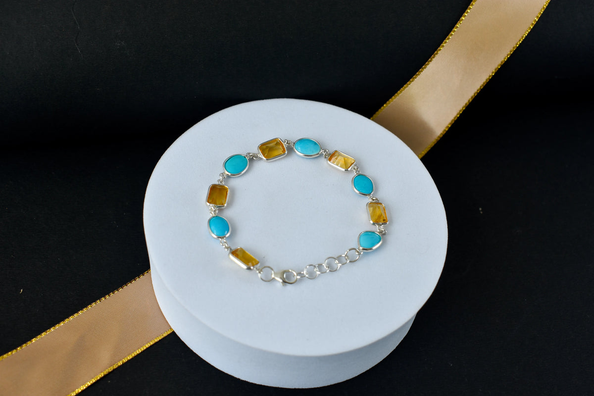 Citrine and turquoise bracelet with bezel-set stones in 925 silver