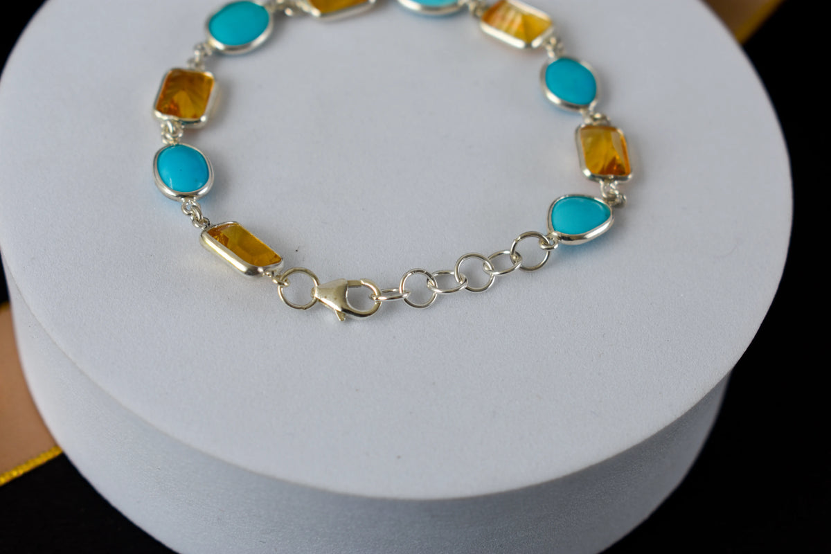 Citrine and turquoise bracelet with bezel-set stones in 925 silver