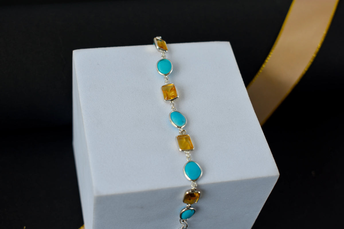 Citrine and turquoise bracelet with bezel-set stones in 925 silver