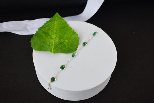 925 silver emerald by the yard bracelet with bezel-set round and pear-cut emeralds