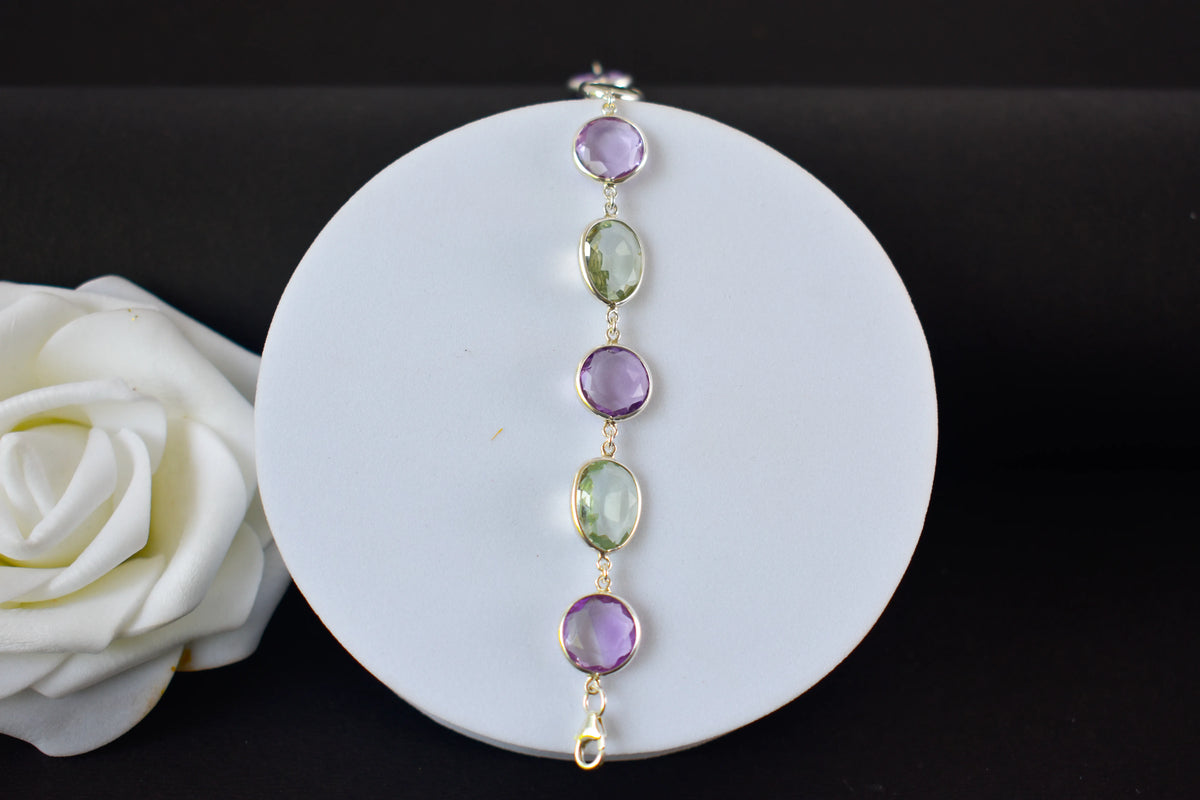 925 silver station bracelet with bezel-set amethyst and green amethyst stones