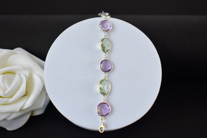 925 silver station bracelet with bezel-set amethyst and green amethyst stones