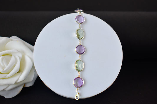 925 silver station bracelet with bezel-set amethyst and green amethyst stones