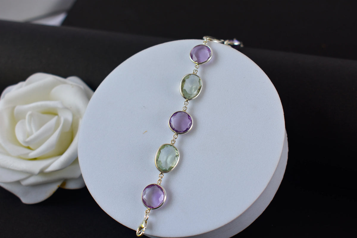 925 silver station bracelet with bezel-set amethyst and green amethyst stones