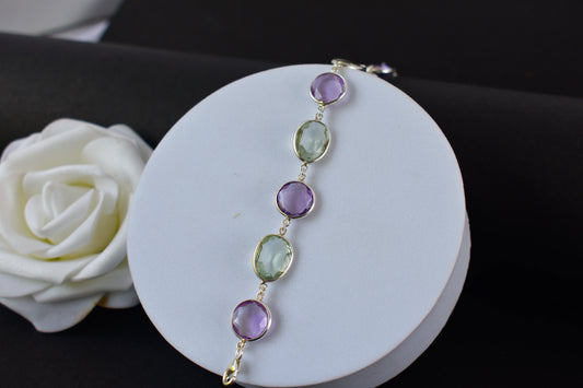 925 silver station bracelet with bezel-set amethyst and green amethyst stones