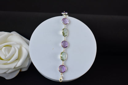 925 silver station bracelet with bezel-set amethyst and green amethyst stones