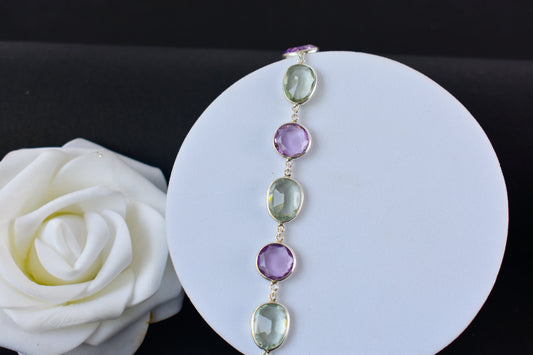 925 silver station bracelet with bezel-set amethyst and green amethyst stones