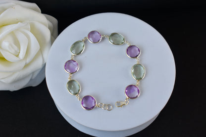 925 silver station bracelet with bezel-set amethyst and green amethyst stones