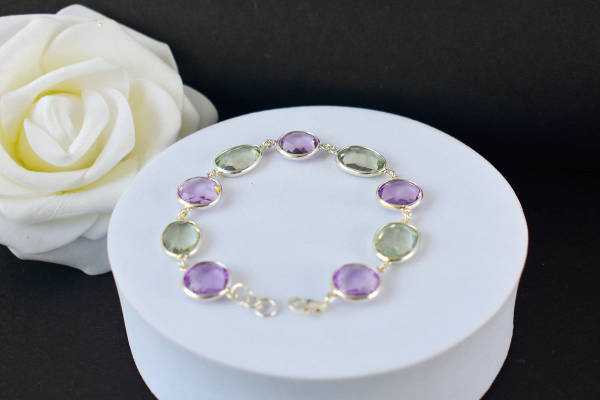 925 silver station bracelet with bezel-set amethyst and green amethyst stones