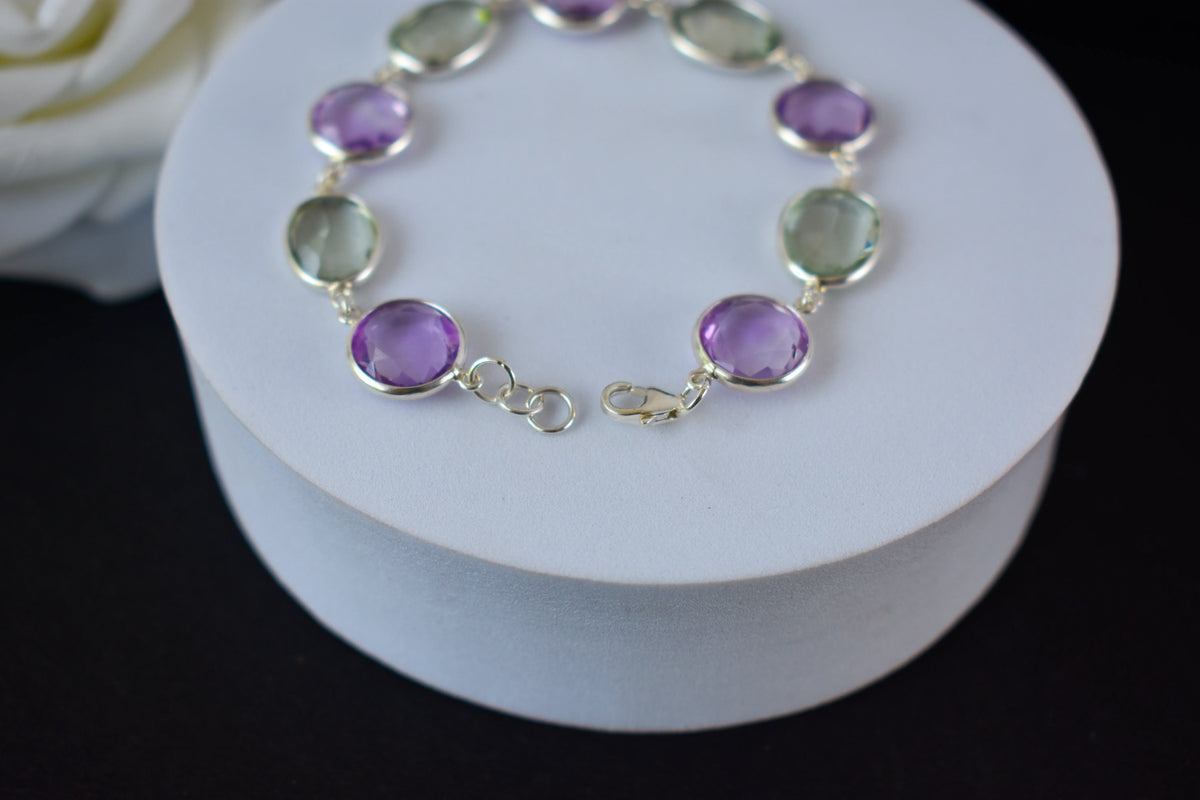 925 silver station bracelet with bezel-set amethyst and green amethyst stones