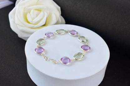 925 silver station bracelet with bezel-set amethyst and green amethyst stones