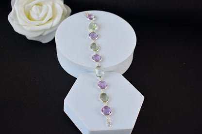 925 silver station bracelet with bezel-set amethyst and green amethyst stones