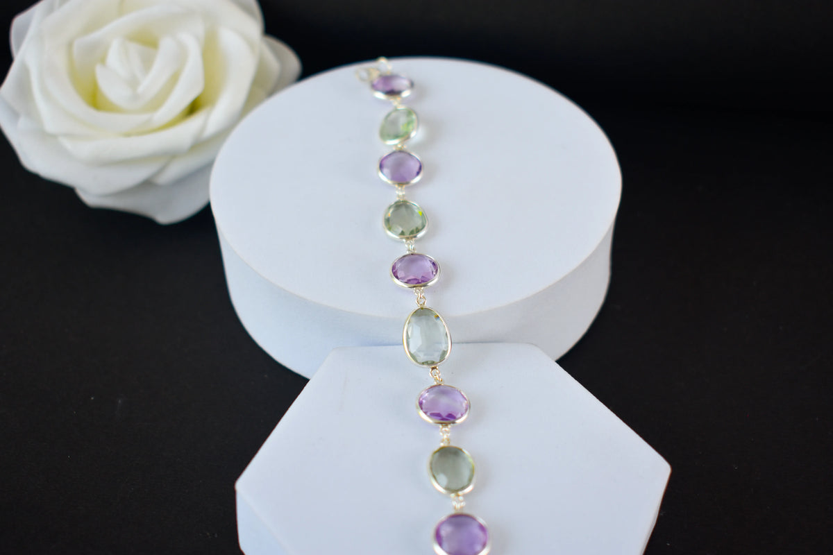 925 silver station bracelet with bezel-set amethyst and green amethyst stones