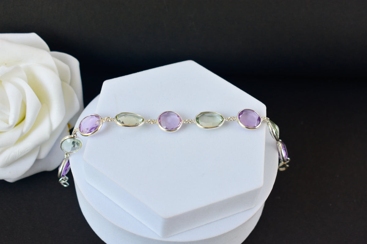925 silver station bracelet with bezel-set amethyst and green amethyst stones