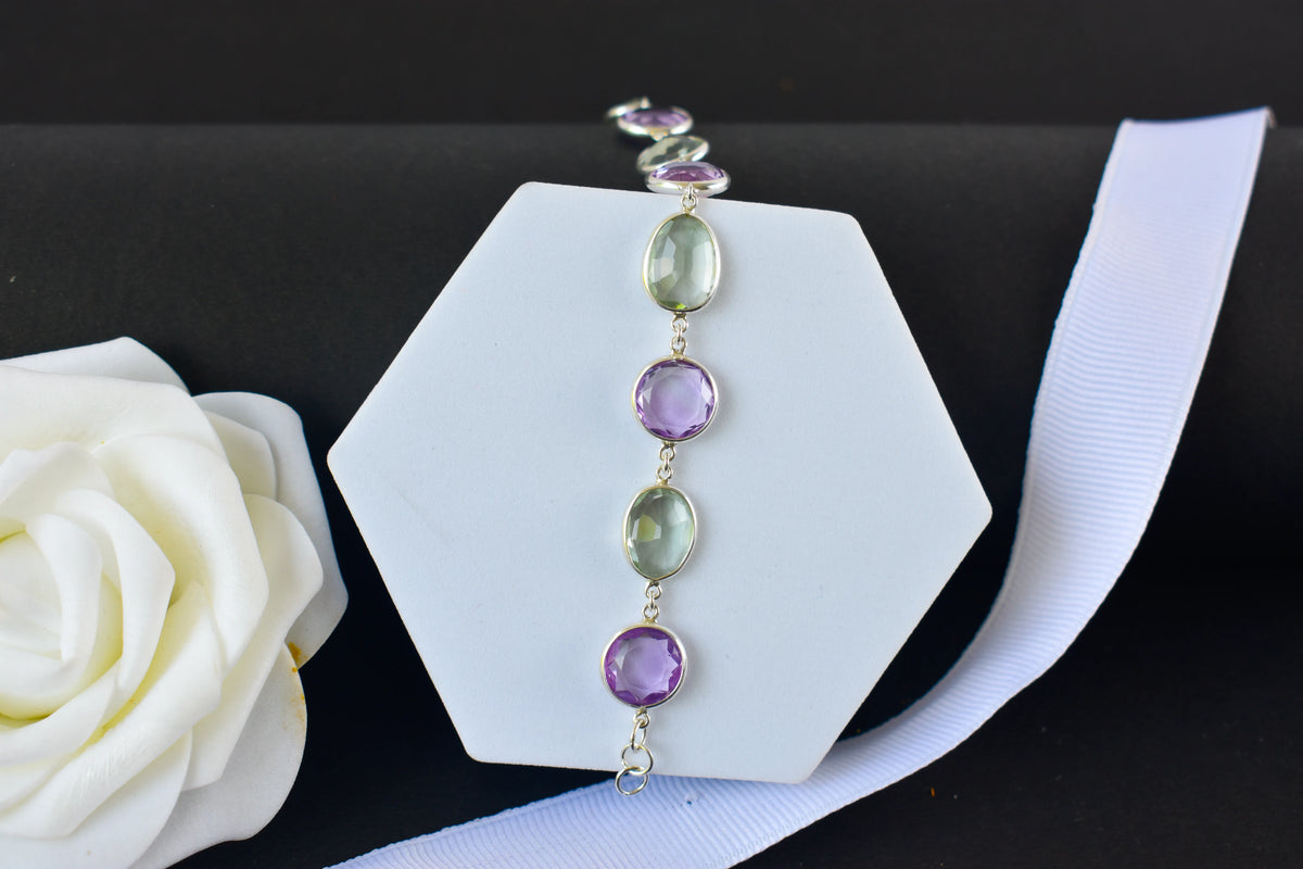 925 silver station bracelet with bezel-set amethyst and green amethyst stones