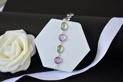 925 silver station bracelet with bezel-set amethyst and green amethyst stones