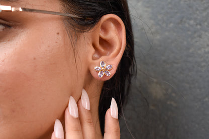 Natural Tanzanite Flower Stud Earrings, 18K Solid Yellow Gold, 5.13 Ct Oval Bezel Studs, Daisy Earrings, December Birthstone Gift for Her