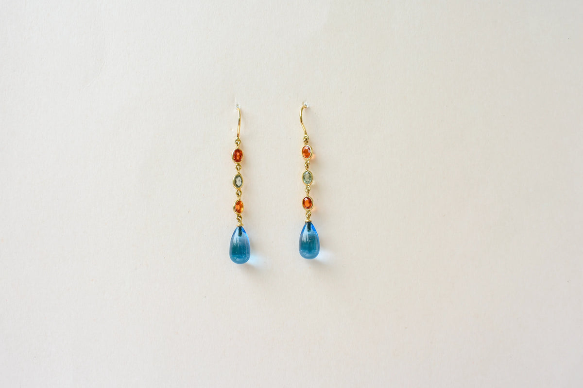 18K gold chain drop earrings with sapphire and blue topaz briolette