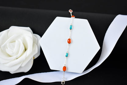 925 silver bracelet with bezel-set carnelian and turquoise cabochons and lobster clasp