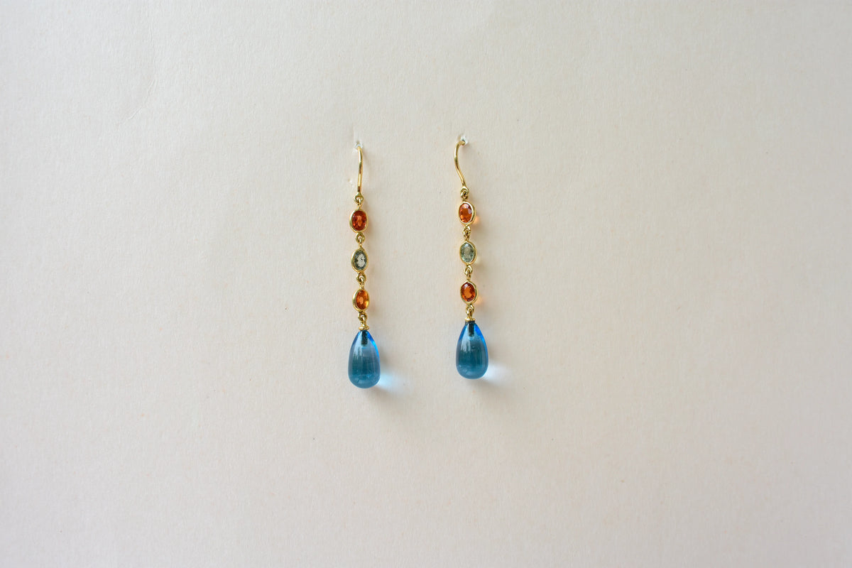 18K gold chain drop earrings with sapphire and blue topaz briolette