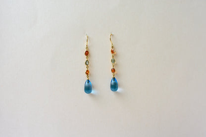 18K gold chain drop earrings with sapphire and blue topaz briolette