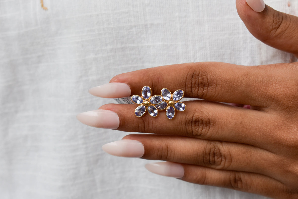 Natural Tanzanite Flower Stud Earrings, 18K Solid Yellow Gold, 5.13 Ct Oval Bezel Studs, Daisy Earrings, December Birthstone Gift for Her