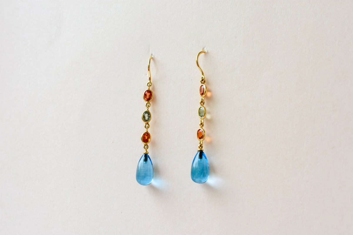 18K gold chain drop earrings with sapphire and blue topaz briolette