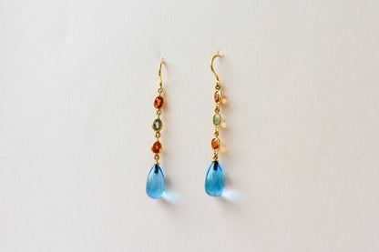 18K gold chain drop earrings with sapphire and blue topaz briolette