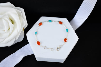 925 silver bracelet with bezel-set carnelian and turquoise cabochons and lobster clasp