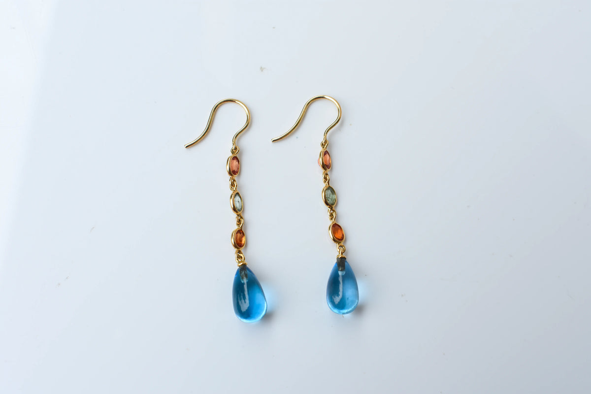 18K gold chain drop earrings with sapphire and blue topaz briolette