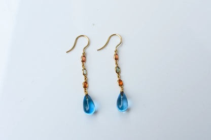 18K gold chain drop earrings with sapphire and blue topaz briolette